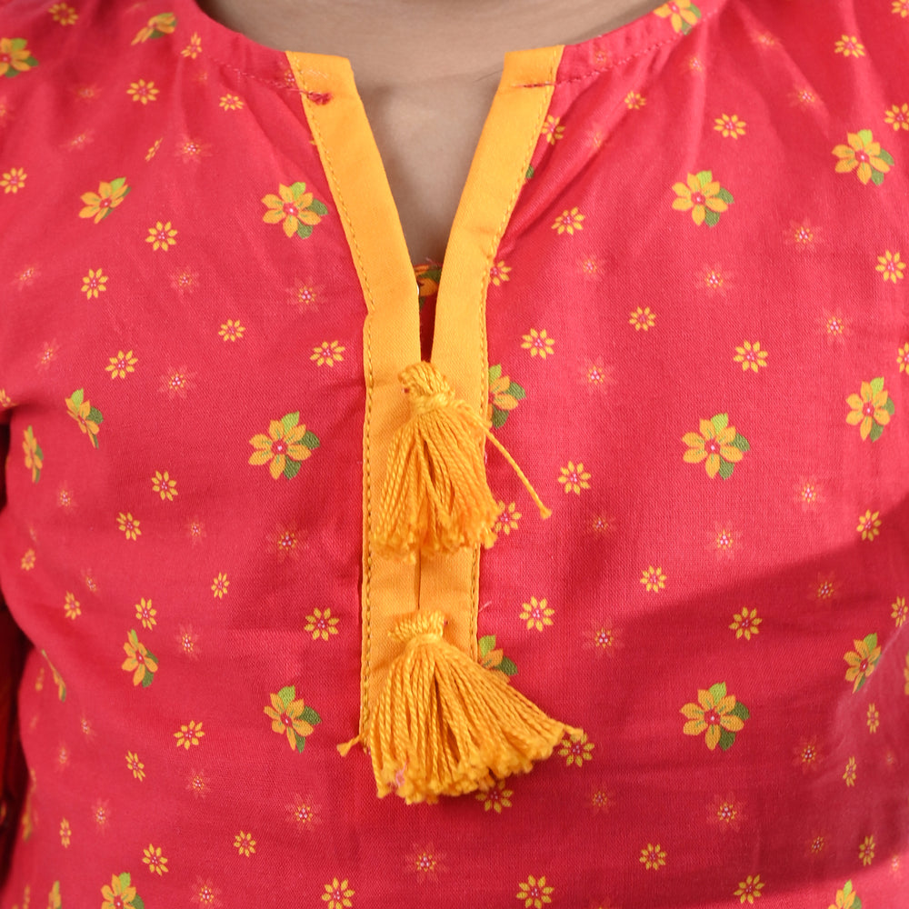 Infant Girls Cotton Printed Kurti Dhanak - Red