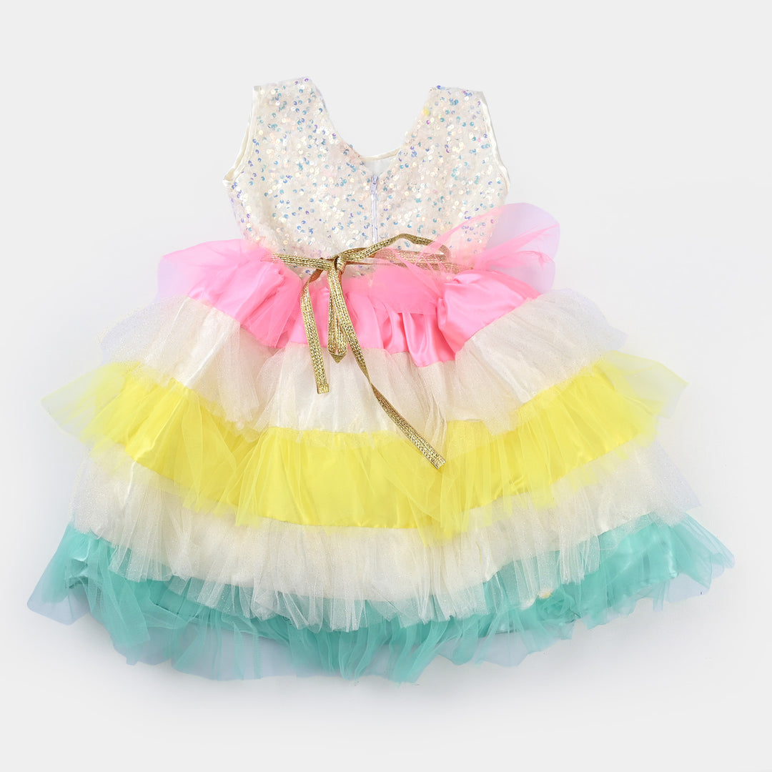 Girls Fancy Frock Multi Layers-White