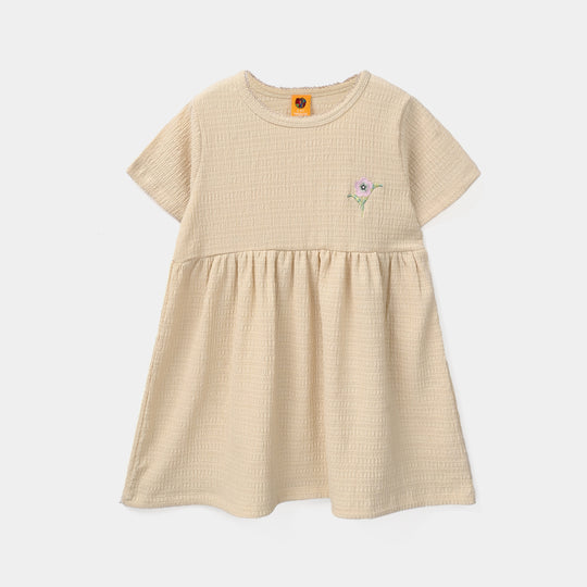 Girls Poly Crinkle Knitted Frock Flower - Beige