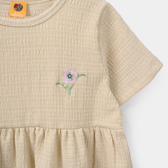 Girls Poly Crinkle Knitted Frock Flower - Beige