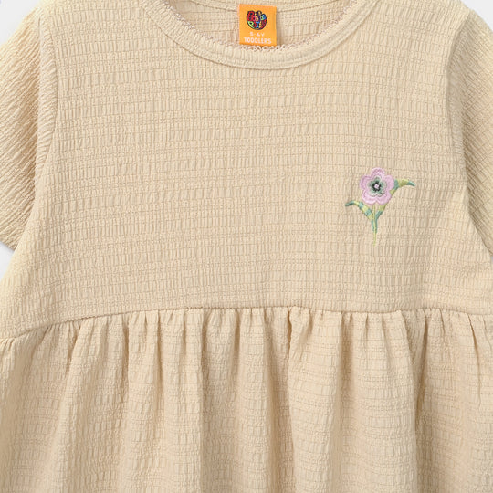 Girls Poly Crinkle Knitted Frock Flower - Beige
