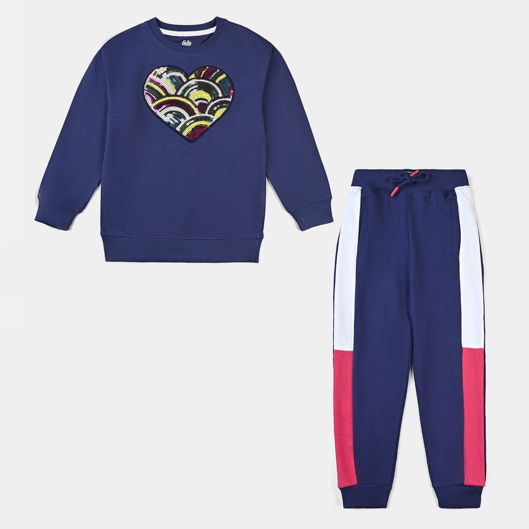 Girls Cotton Terry 2-Piece Suit (Heart) - Navy Blue
