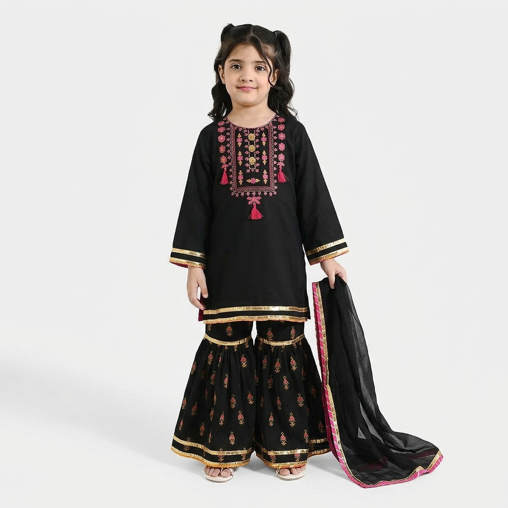 Girls Raw Silk 3-Piece Suit (Rangrez) - Black