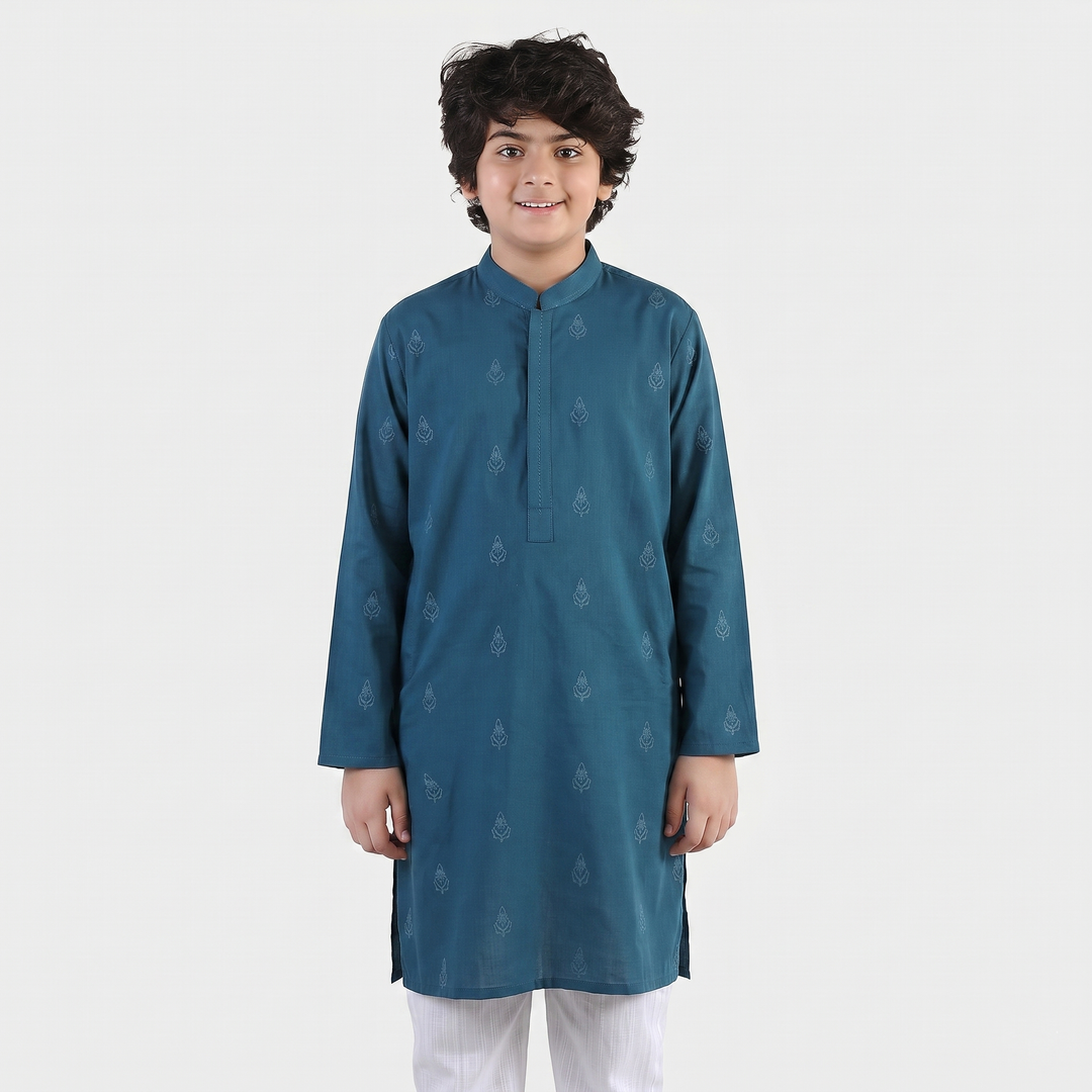 Boys Cotton Slub Printed Kurta (Blue Opal)-Blue