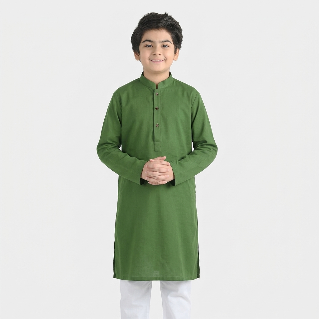 Boys Cotton Slub Basic Kurta (Forest ELF) - Green