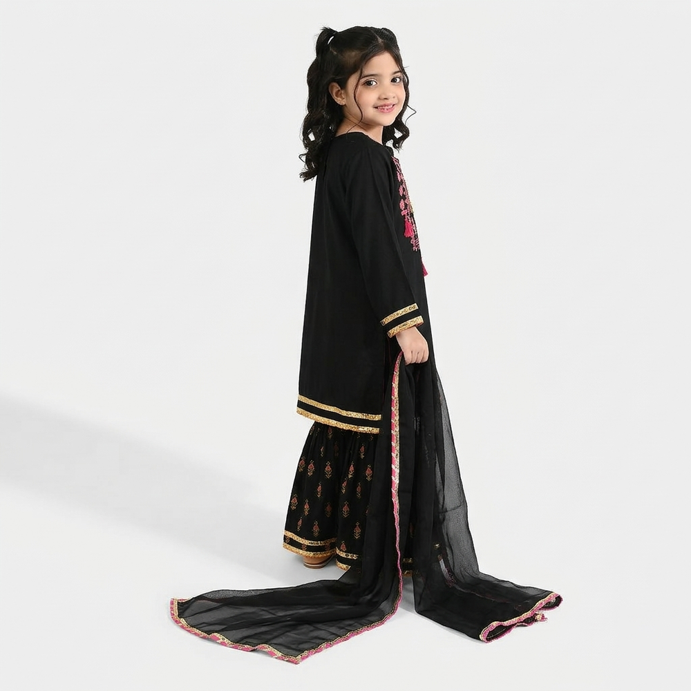 Girls Raw Silk 3-Piece Suit (Rangrez) - Black