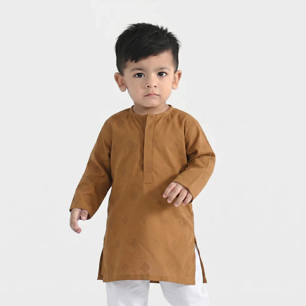 Infant Boys Cotton Jacquard Kurta (Tone on Tone) - Brown