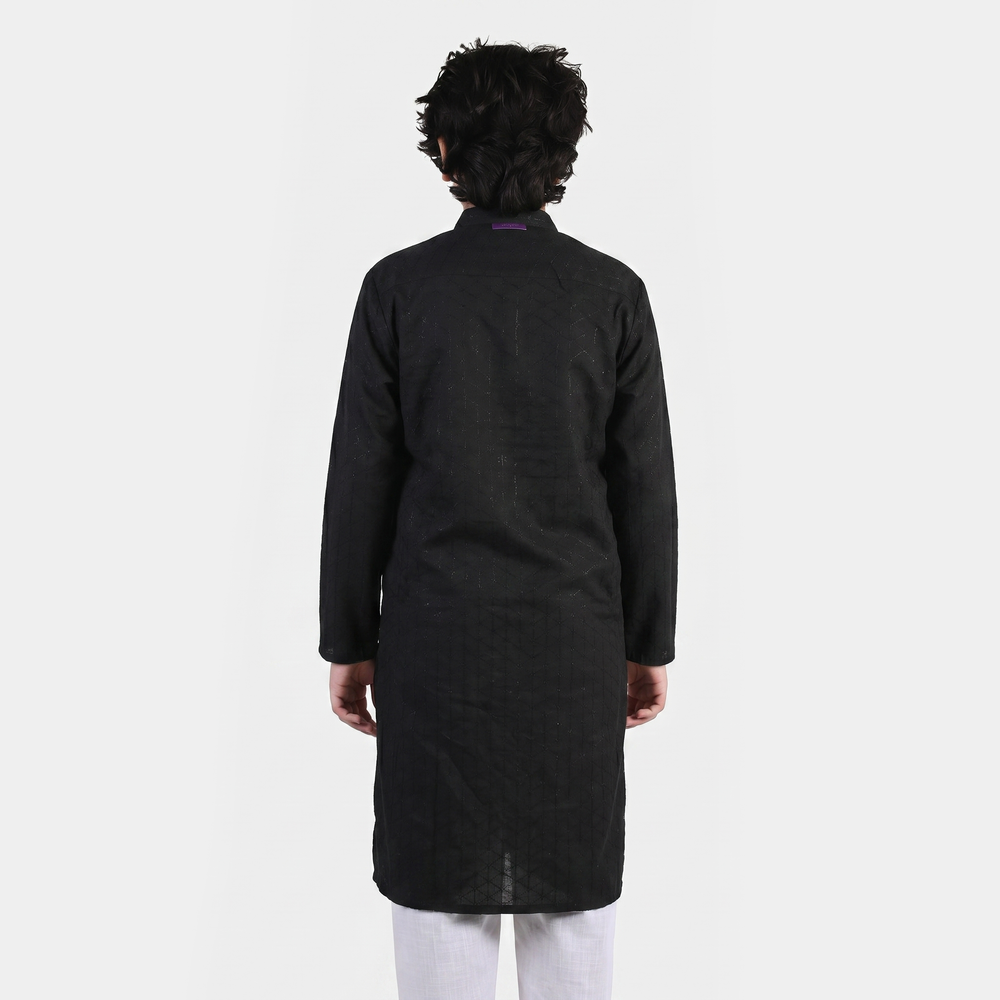 Teens Boys Cotton Poplin Kurta (Chikankari)-BLACK