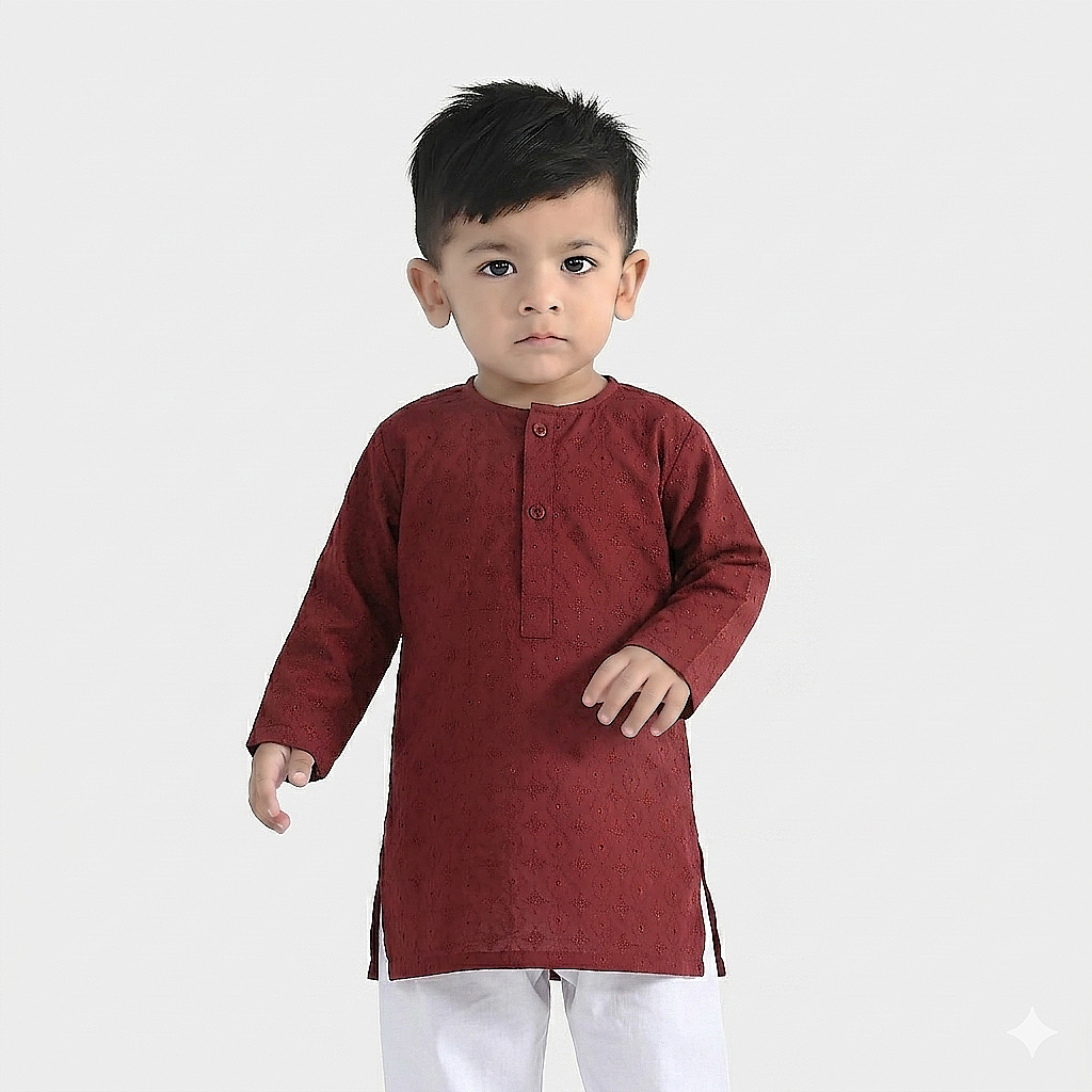 Infant Boys Cotton Poplin Kurta (Winery Chikankari) - Maroon