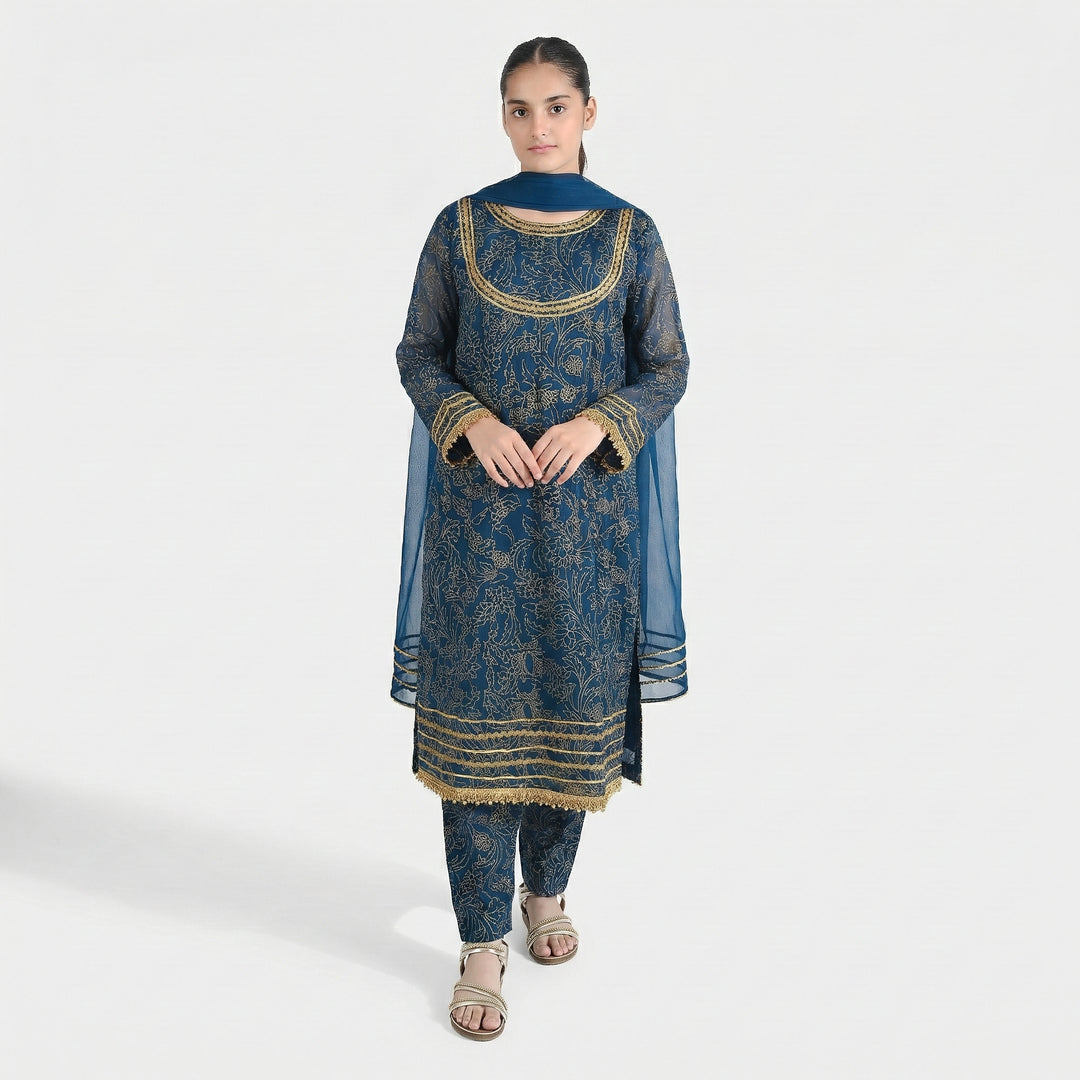 Teens Girls Chiffon 3Pcs (Zarmeena) - Teal Green