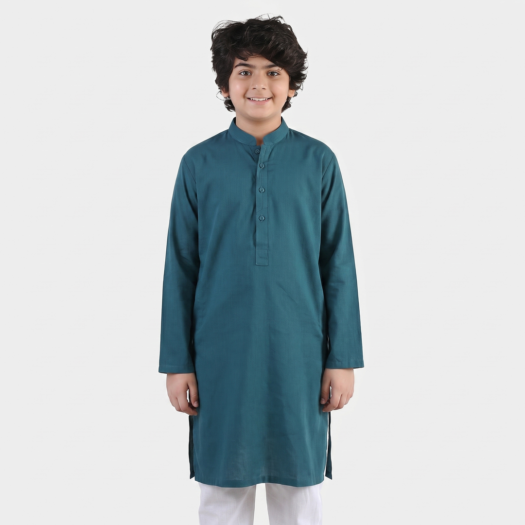 Boys Cotton Slub Kurta (Cut N Sew)- Teal Blue