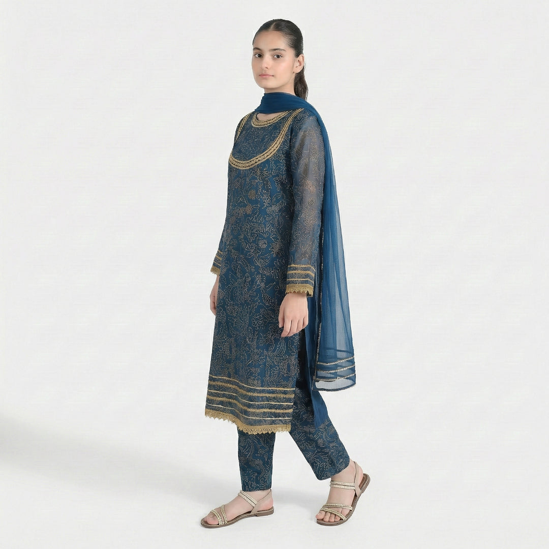 Teens Girls Chiffon 3Pcs (Zarmeena) - Teal Green