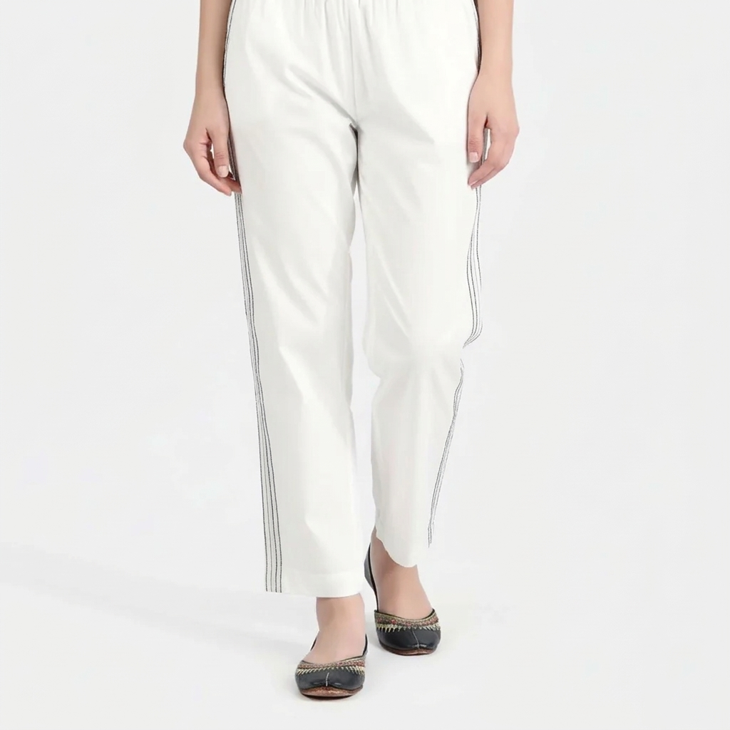 Girls Cotton Pants Stitches - White