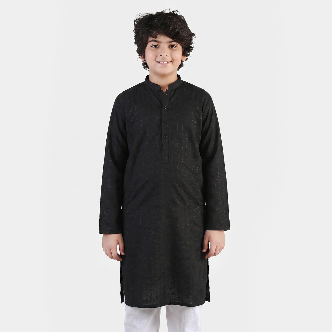 Teens Boys Cotton Poplin Kurta (Chikankari)-BLACK