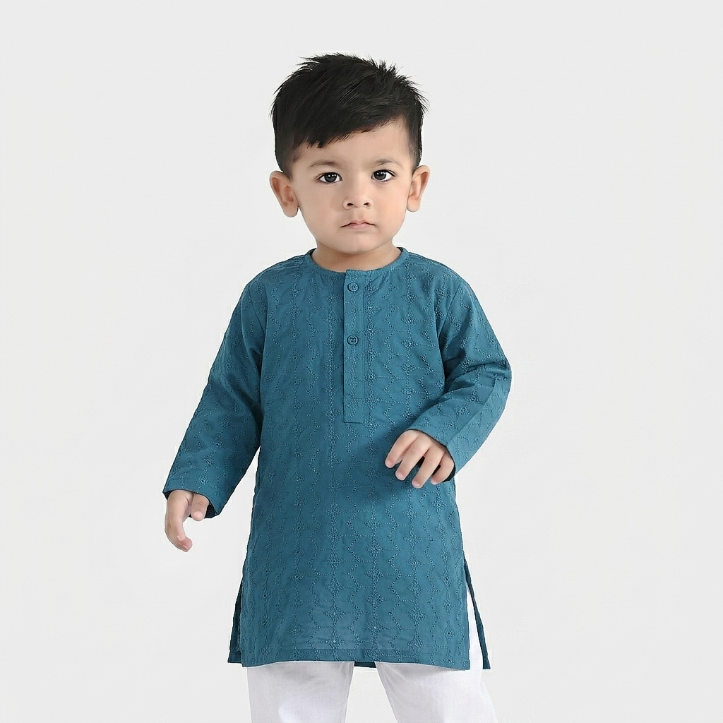 Infant Boys Cotton Chikankari Poplin Kurta - Teal Blue