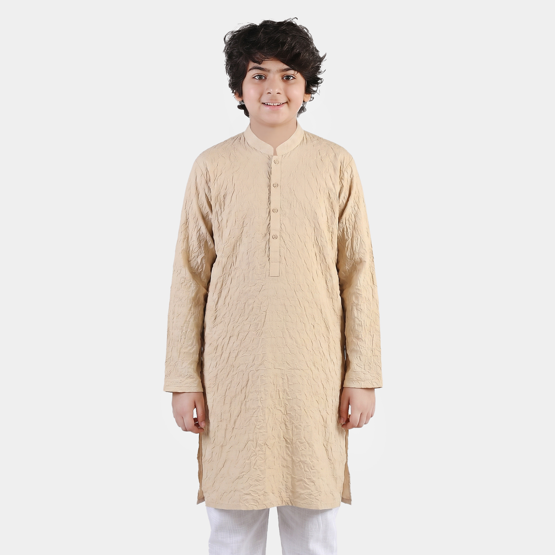 Teens Boys Cotton Poplin Kurta (Chikankari) - Beige