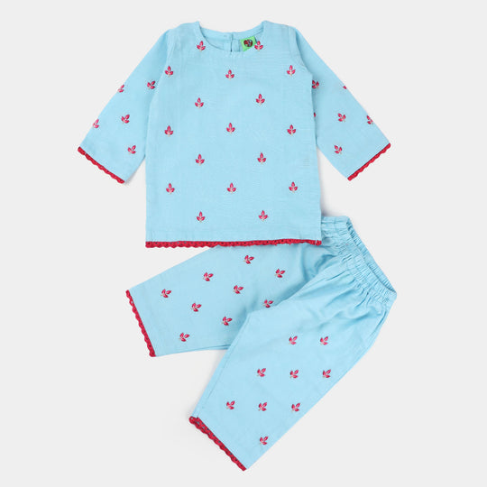 Infant Girls khaddar 2Pc Suit Leaf-Light Blue