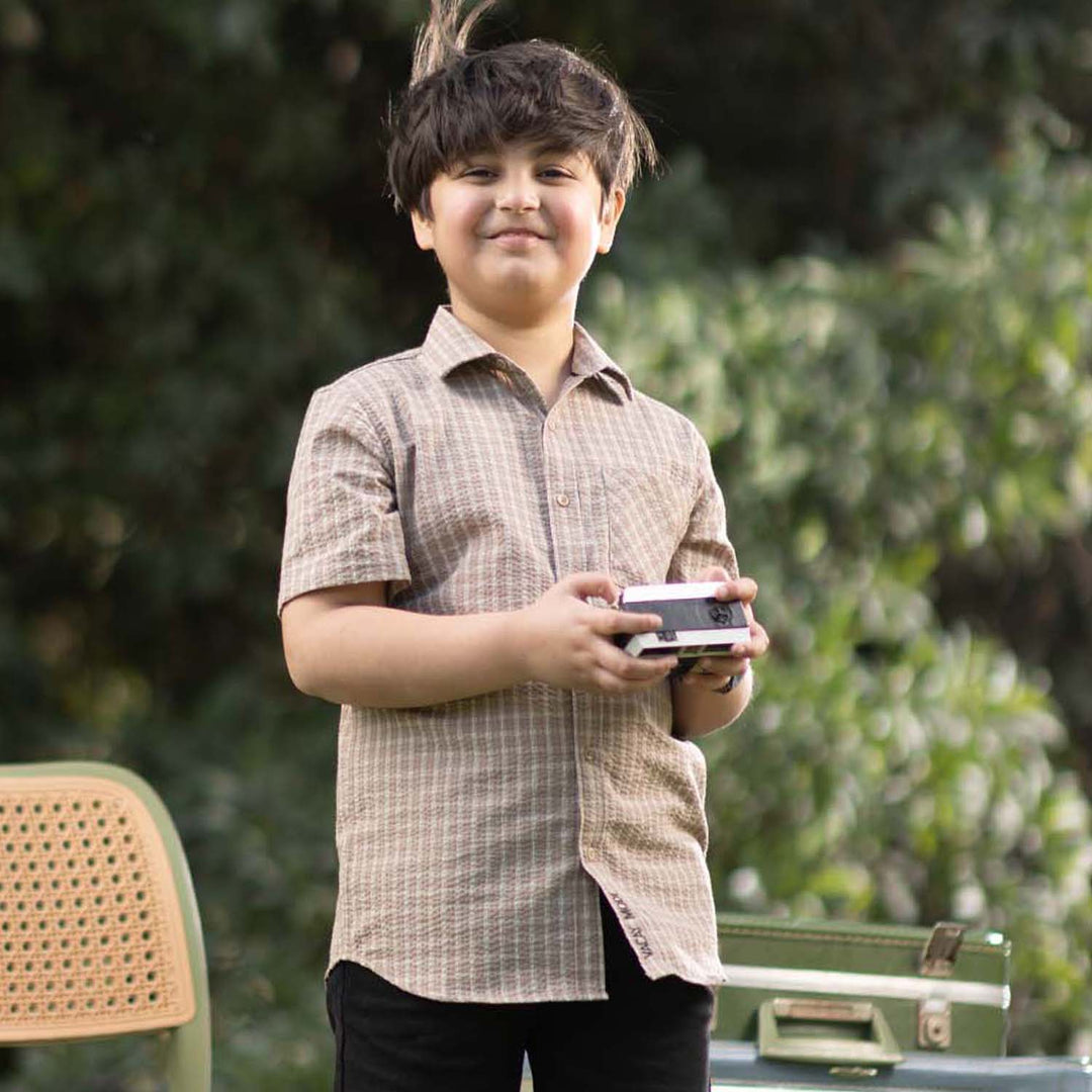 Boys Yarn Dyed Shirt (Chilling All Day) - Brown