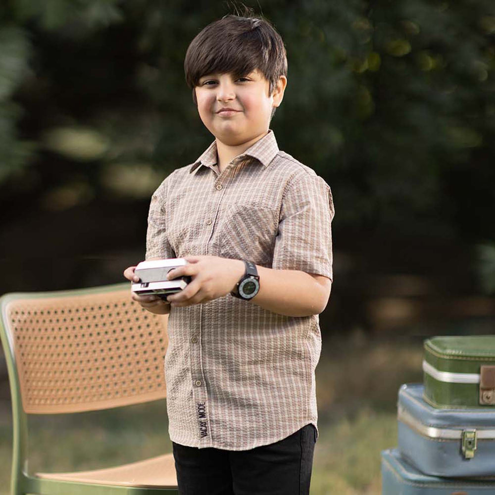 Boys Yarn Dyed Shirt (Chilling All Day) - Brown