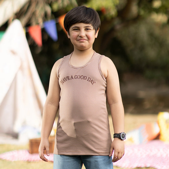 Boys Yarn Dyed Sando (Have A Good Day) - Brown