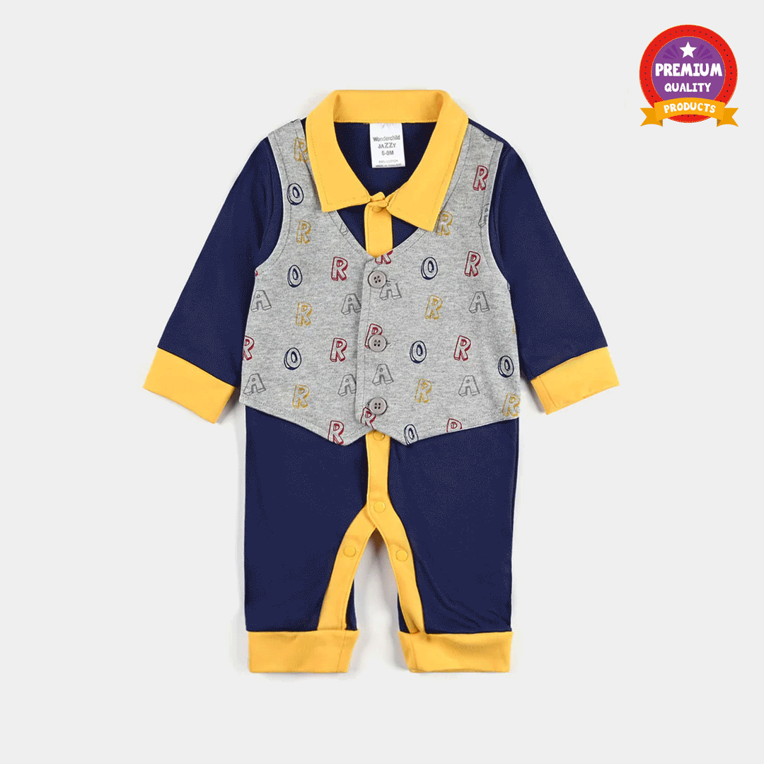 Infant Boys Cotton Interlock Romper-Navy/Grey