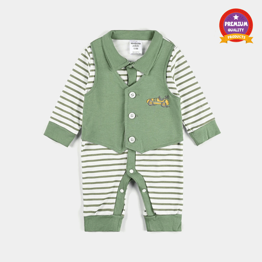 Infant Boys Cotton Interlock Romper-Green/Stripe
