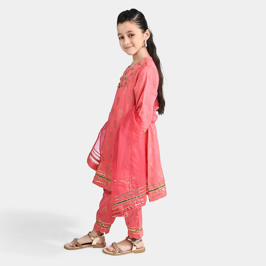 Girls Jacquard 3 Pcs Suit Raqs - Pink