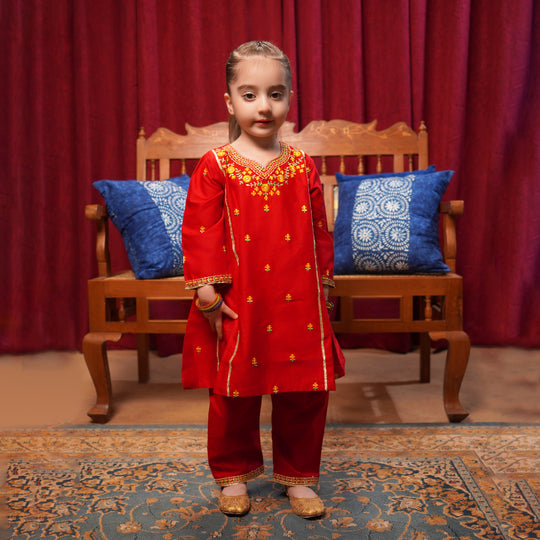 Girls Cotton Poplin Embroidered 2-Piece Set (Limelight) - Maroon