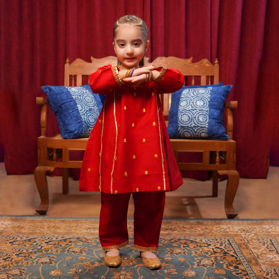 Girls Cotton Poplin Embroidered 2-Piece Set (Limelight) - Maroon