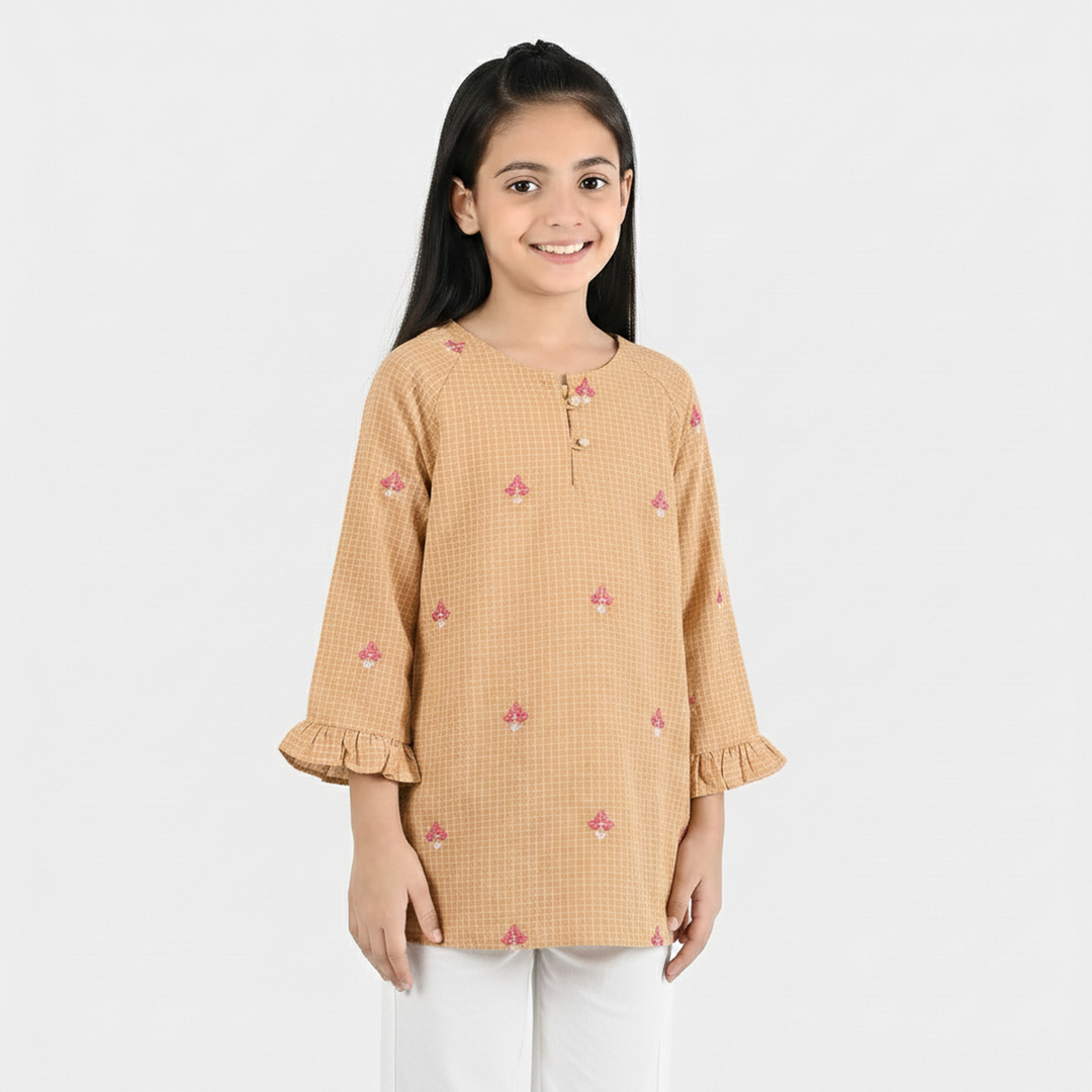 Girls Cotton Embroidered Top - Mustard