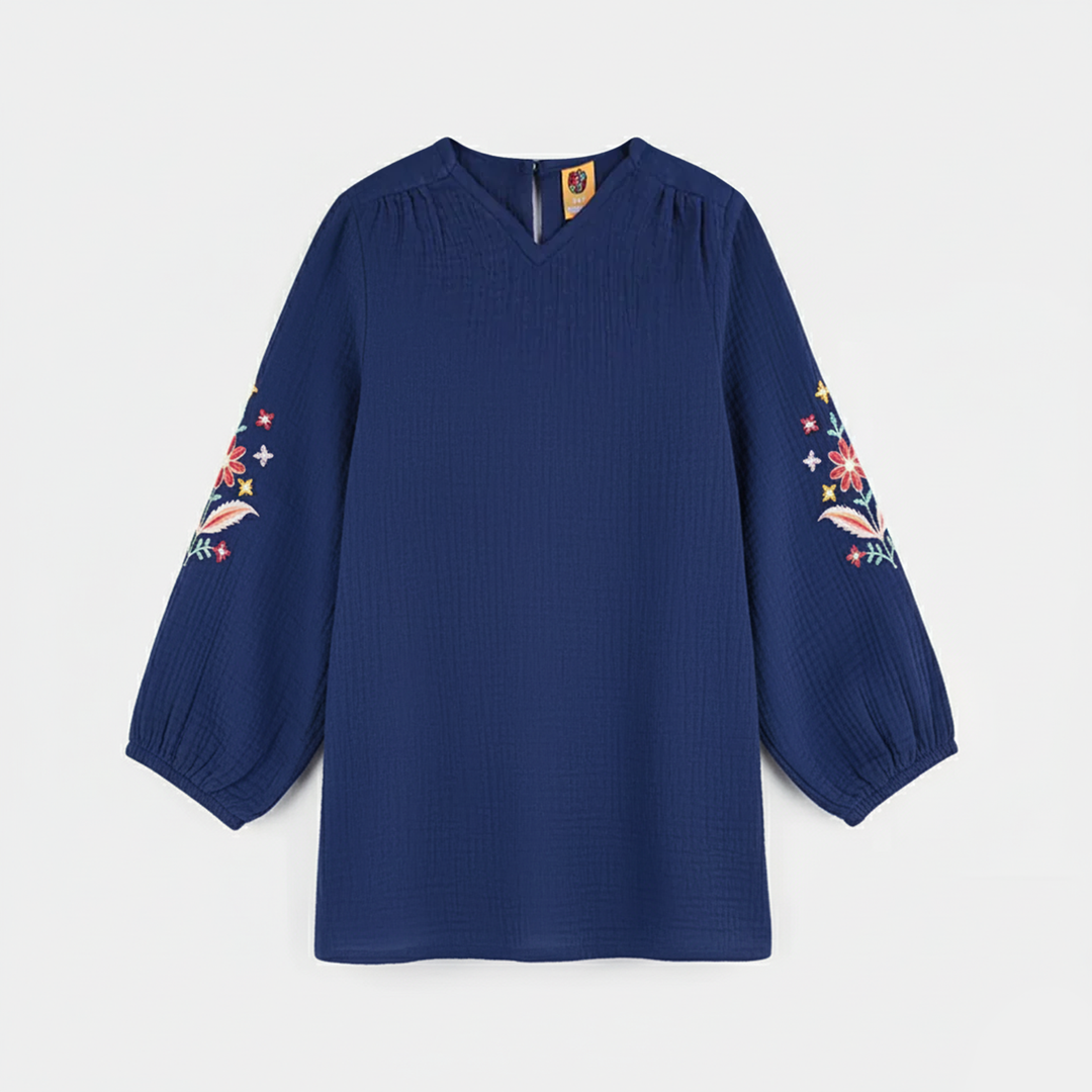 Girls Cotton EMB Top Bouquet-Navy Blue