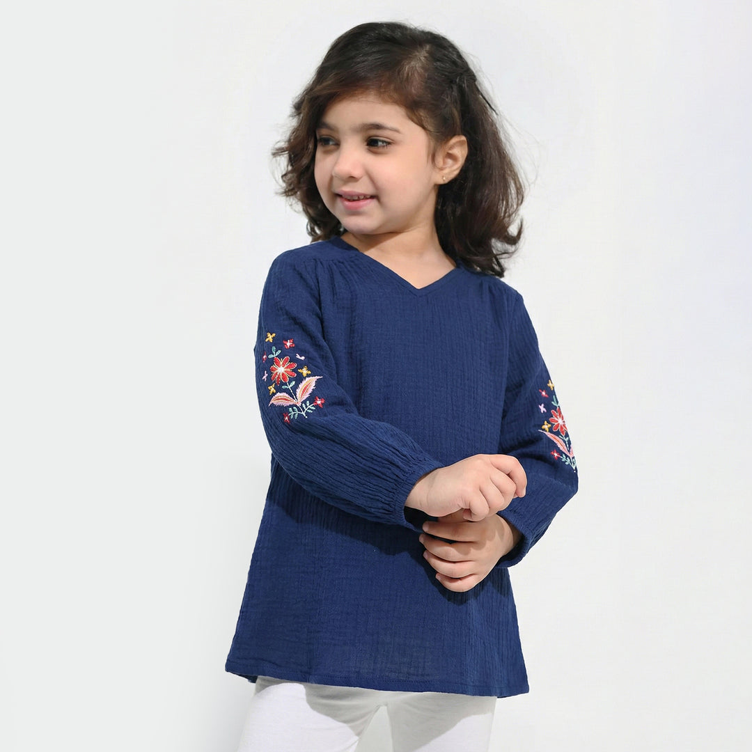 Girls Cotton EMB Top Bouquet-Navy Blue