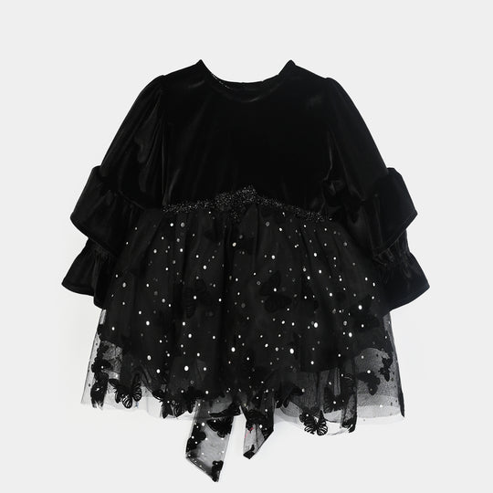 Infant Girls Velvet Fancy Frock-Butterfly-BLACK