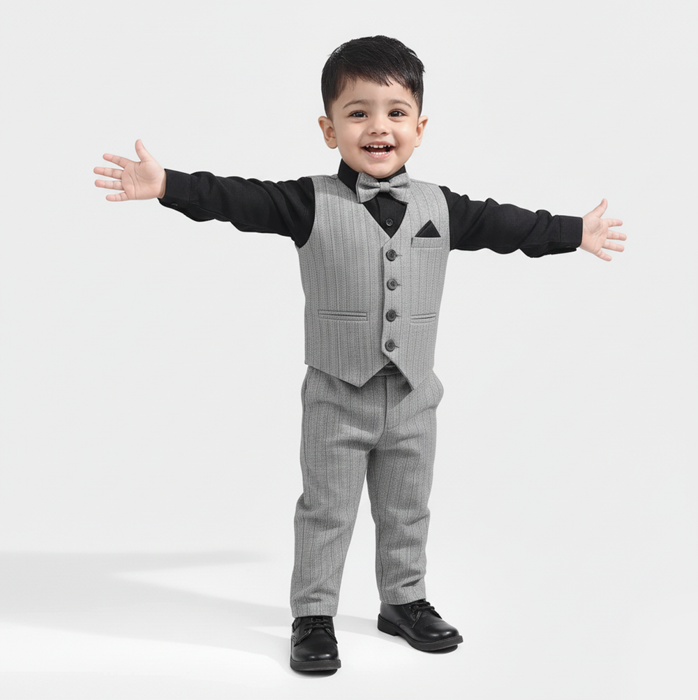 Infant Boys Yarn Dyed 3PC Suit - Grey/Black