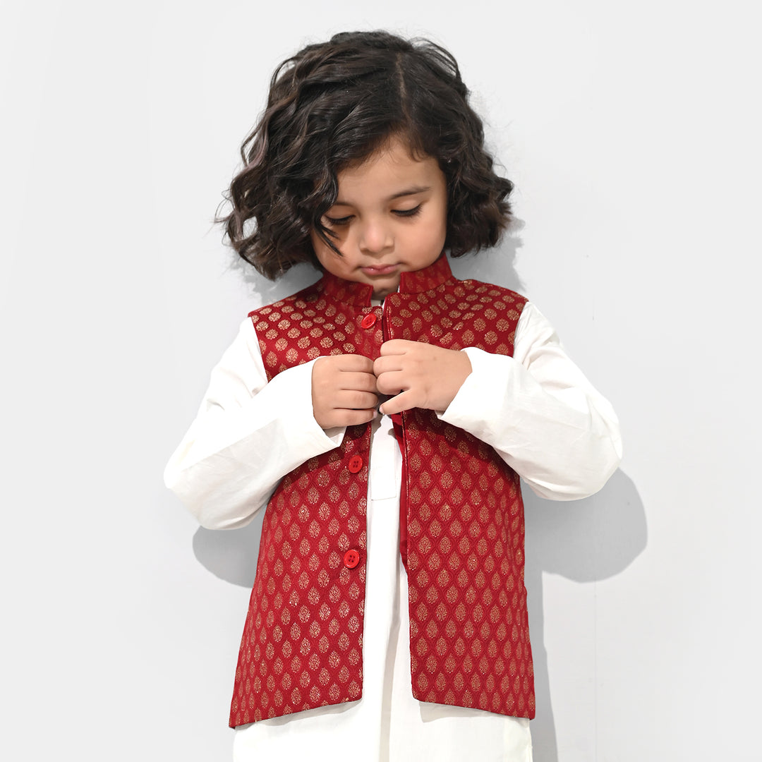 Boys Poly Viscose Waist Coat (Golden Lurex) - Red