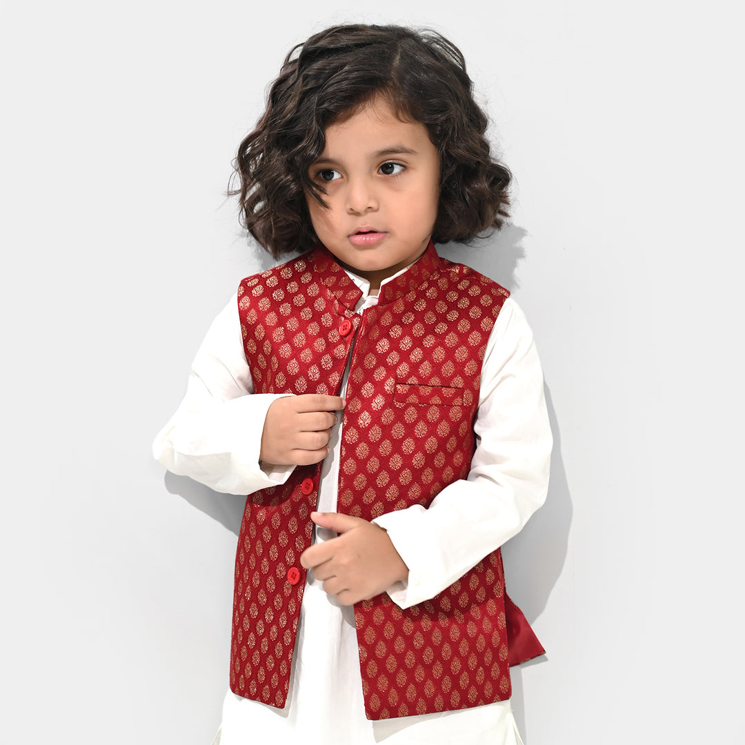 Boys Poly Viscose Waist Coat (Golden Lurex) - Red