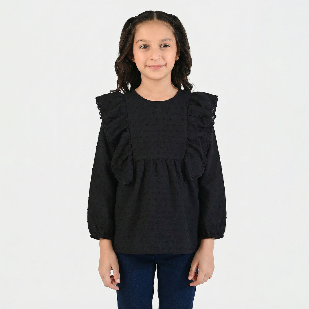Girls Cotton Embroidered Top - BLACK