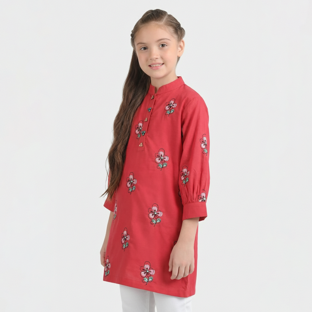Girls Poplin Embroidered Kurti Flower - Red