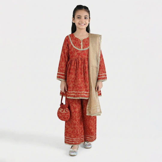 Girls Raw Silk 4PCs - Red