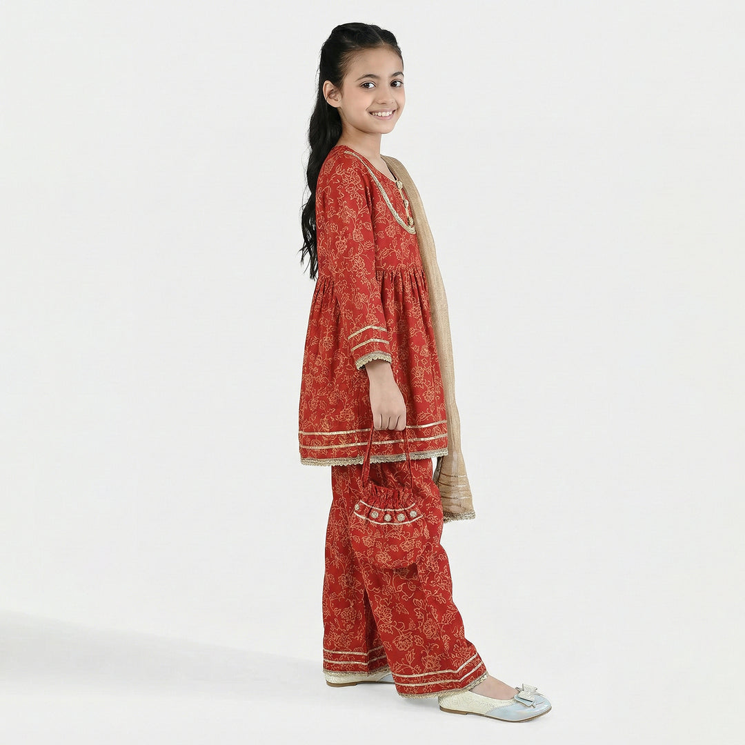 Girls Raw Silk 4PCs - Red