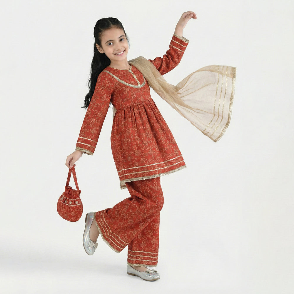 Girls Raw Silk 4PCs - Red