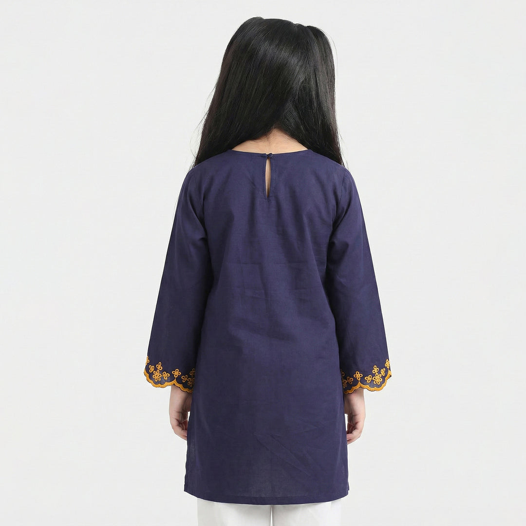 Girls Cotton Embroidered Kurti  - Navy Blue