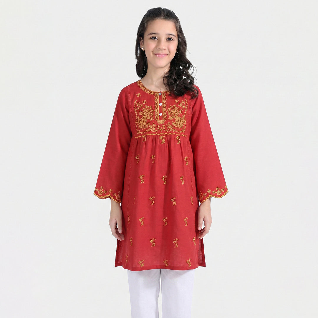 Girls Raw Silk Embroidered Kurti - Maroon