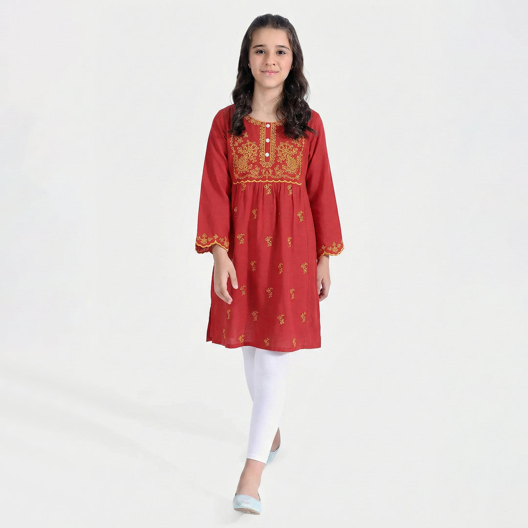 Girls Raw Silk Embroidered Kurti - Maroon