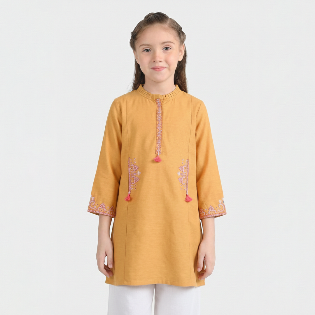 Girls Slub Jersey Embroidered Kurti - Mustard