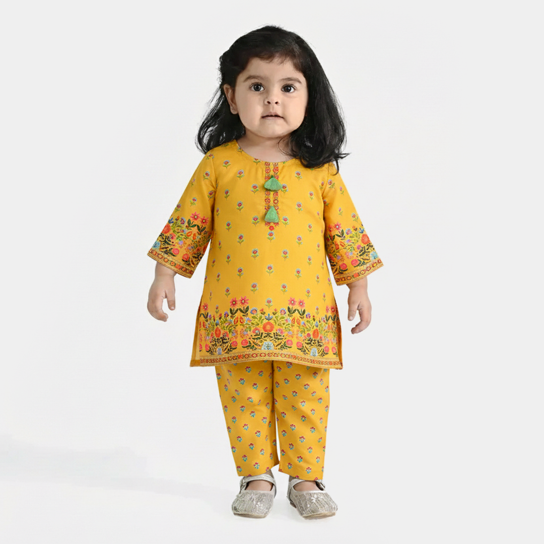 Infant Girls Poly Mesh Printed 2 Pcs Sunny-Mustard