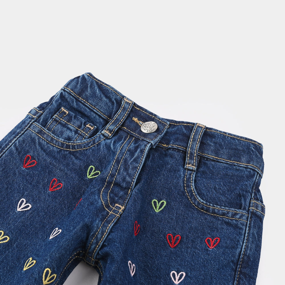 Infant Girls Denim Stretch Embroidered Pants - Mid Blue