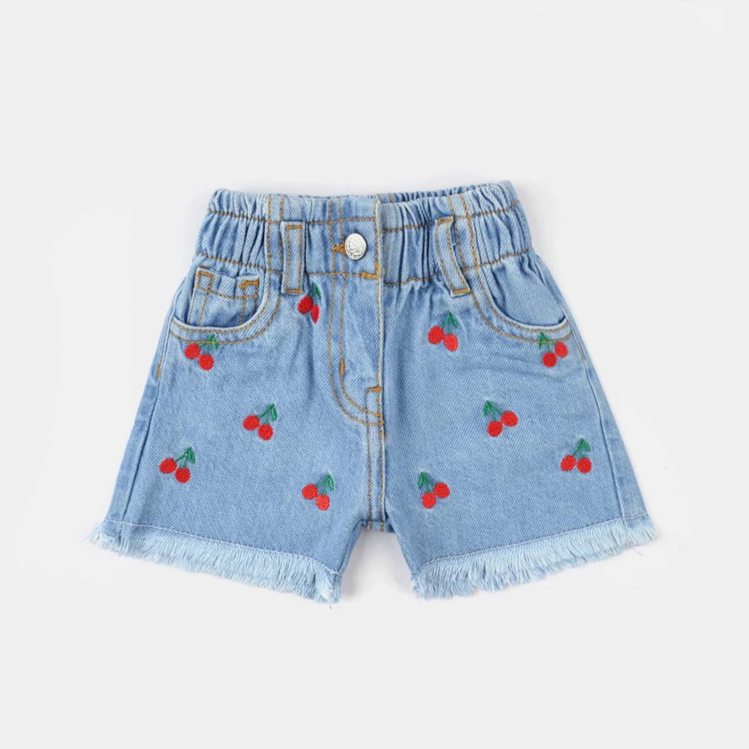 Infant Girls Denim Rigid Shorts Embroidered (Cherry) - Light Blue