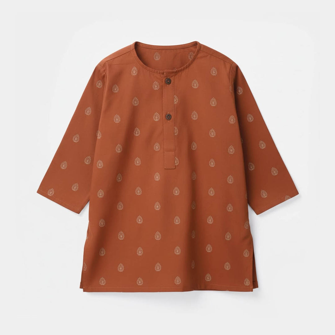 Infant Boys Cotton Poplin Printed Kurta - Brown