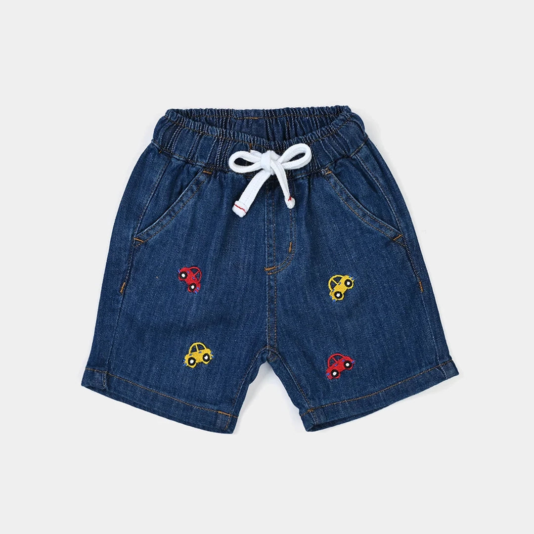Infant Boys Denim Rigid Shorts Embroidered Cars - Mid Blue